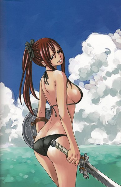 Anime picture 2257x3482 with fairy tail erza scarlet mashima hiro single long hair tall image looking at viewer fringe highres breasts light erotic smile standing holding ass ponytail red hair light smile from behind back