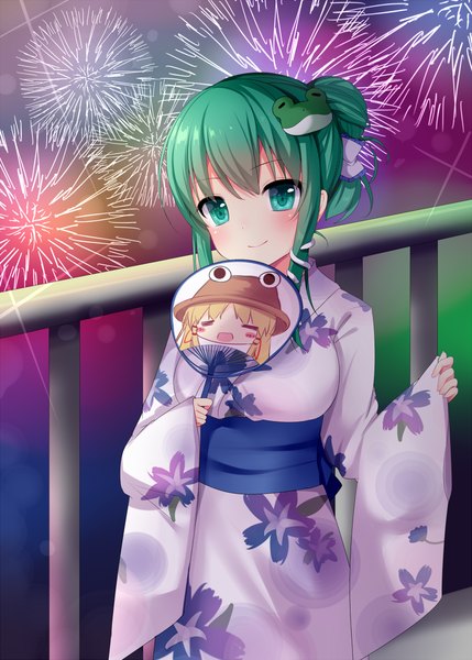 Anime picture 800x1119 with touhou kochiya sanae nachi single tall image looking at viewer blush green eyes traditional clothes japanese clothes green hair alternate hairstyle hair up girl hair ornament obi fan yukata