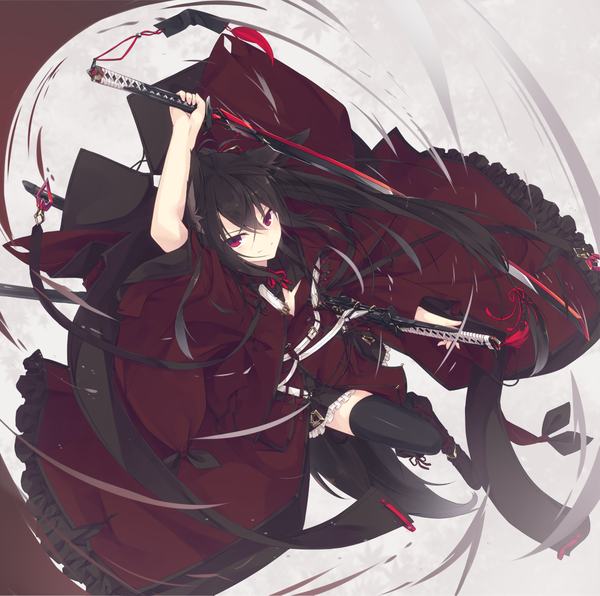 Anime picture 1173x1166 with original nagishiro mito single long hair looking at viewer fringe black hair smile hair between eyes red eyes holding animal ears tail animal tail arm up from above grey background wide sleeves zettai ryouiki fox ears