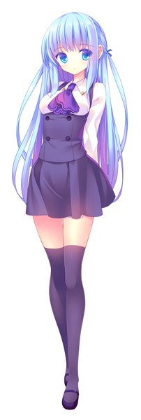 Anime picture 773x2286 with original nametakenoko single long hair tall image looking at viewer blush fringe breasts blue eyes simple background standing white background twintails blue hair purple hair hands behind back girl thighhighs black thighhighs