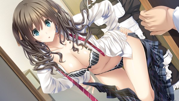 Anime picture 1280x720 with kiss ato aikawa arisa mikoto akemi long hair looking at viewer blue eyes light erotic wide image game cg grey hair open clothes open shirt wavy hair girl navel underwear panties shirt lingerie bra