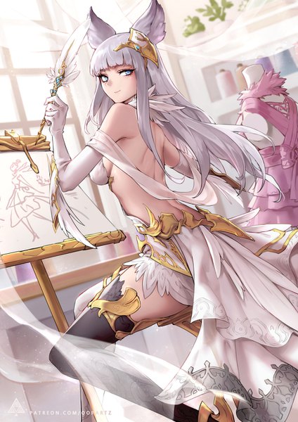 Anime picture 904x1280 with granblue fantasy korwa (granblue fantasy) oopartz (grooooovy) single long hair tall image looking at viewer fringe blue eyes smile sitting bare shoulders holding signed animal ears payot silver hair indoors blunt bangs wind