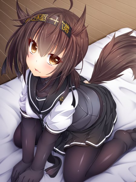 Anime picture 3000x4000 with kantai collection hatsuzuki destroyer wakagi repa single long hair tall image looking at viewer blush fringe highres short hair light erotic hair between eyes brown hair sitting yellow eyes ahoge tail parted lips animal tail