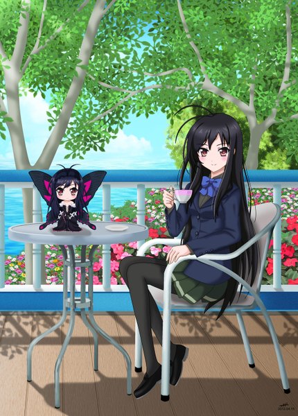 Anime picture 1000x1394 with accel world sunrise (studio) kuroyukihime long hair tall image looking at viewer blush black hair smile red eyes sitting ahoge chibi insect wings butterfly wings girl skirt uniform flower (flowers) plant (plants)