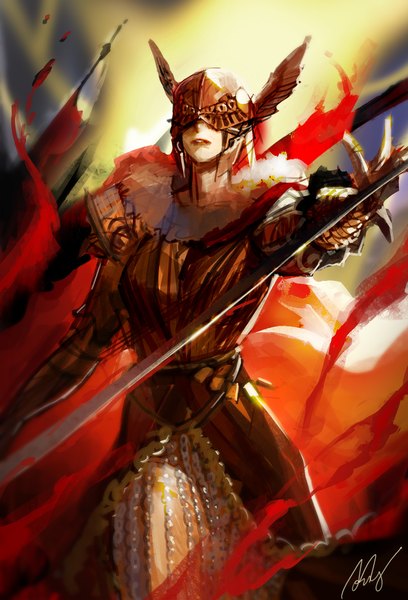 Anime picture 900x1322 with elden ring malenia blade of miquella mong9 single long hair tall image standing holding signed red hair blindfold girl weapon sword helmet flame prosthesis