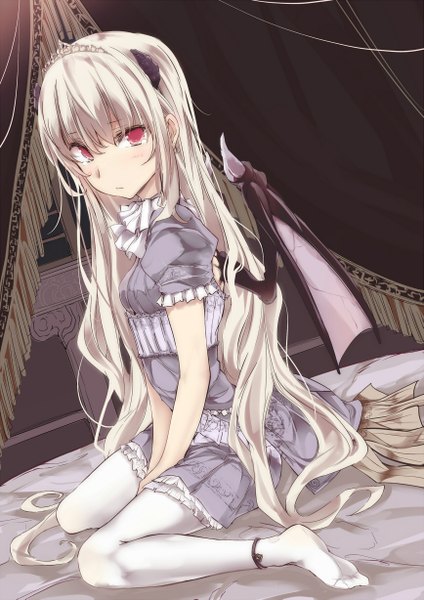 Anime picture 867x1227 with original touma raito single long hair tall image looking at viewer blush fringe red eyes sitting bent knee (knees) white hair horn (horns) no shoes demon girl bat wings girl dress pantyhose wings