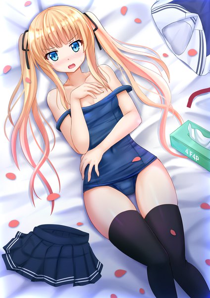 Anime picture 1200x1697 with saenai heroine no sodatekata a-1 pictures sawamura spencer eriri kazenokaze single long hair tall image blush fringe open mouth blue eyes light erotic blonde hair twintails payot lying off shoulder dutch angle girl thighhighs
