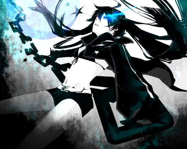 Anime picture 1280x1024 with black rock shooter black rock shooter (character) single long hair blue eyes black hair twintails parted lips bare belly floating hair glowing looking up glowing eye (eyes) girl gloves navel black gloves shorts lingerie bra