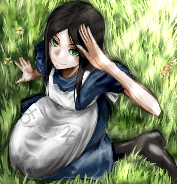 Anime picture 1200x1245 with american mcgee's alice (game) alice: madness returns alice (wonderland) alice (american mcgee's) seramiku single long hair tall image looking at viewer black hair smile sitting green eyes animal eyes girl dress plant (plants) boots thigh boots apron