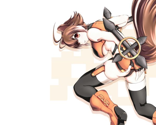 Anime picture 1280x1024 with blazblue makoto nanaya single short hair breasts light erotic simple background red eyes brown hair animal ears ahoge ass animal tail looking back barefoot legs squirrel tail squirrel ears girl thighhighs