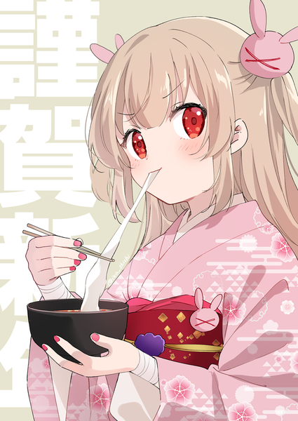 Anime picture 800x1130 with virtual youtuber sana channel natori sana ica single long hair tall image looking at viewer blush blonde hair red eyes upper body nail polish traditional clothes japanese clothes two side up eating new year pink nail polish nengajou