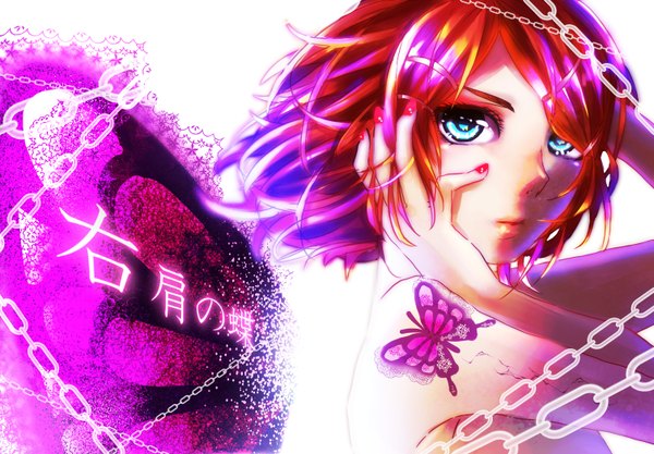 Anime picture 3016x2100 with vocaloid migikata no chou (vocaloid) kagamine rin single looking at viewer blush highres short hair blue eyes bare shoulders absurdres red hair nail polish nude girl insect butterfly chain