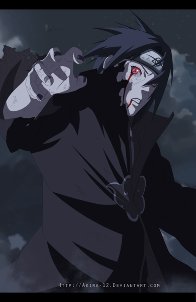 Anime picture 900x1385 with naruto studio pierrot naruto (series) uchiha itachi akira-12 single tall image short hair black hair red eyes cloud (clouds) nail polish night night sky coloring torn clothes akatsuki sharingan boy blood