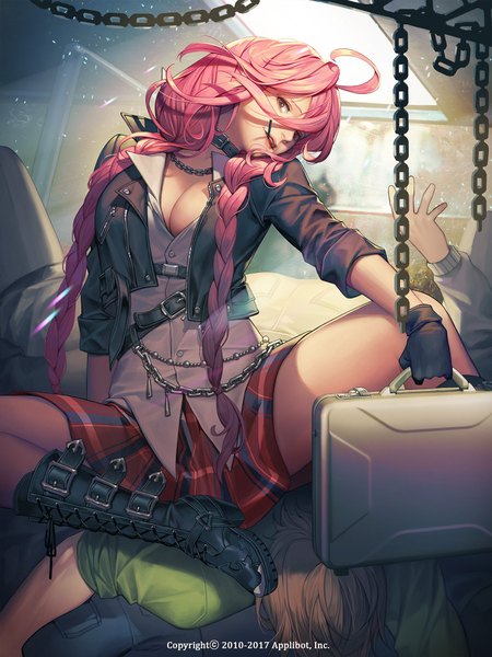 Anime picture 1500x2000 with joker ~gang road~ soo kyung oh long hair tall image looking at viewer fringe open mouth light erotic hair between eyes holding brown eyes pink hair cleavage ahoge braid (braids) open clothes open jacket official art twin braids mouth hold