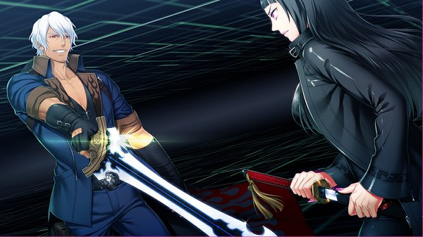 Anime picture 1024x576 with sanzen sekai yuugi nakahara tomoe orion dreadnought long hair short hair open mouth black hair smile wide image standing purple eyes white hair profile couple fighting stance girl boy gloves weapon sword