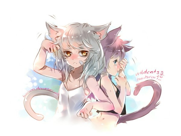 Anime picture 1063x800 with original hieihirai blush fringe short hair blue eyes brown hair bare shoulders multiple girls brown eyes animal ears tail animal tail grey hair cat ears bare belly cat girl cat tail tears bandaid on face
