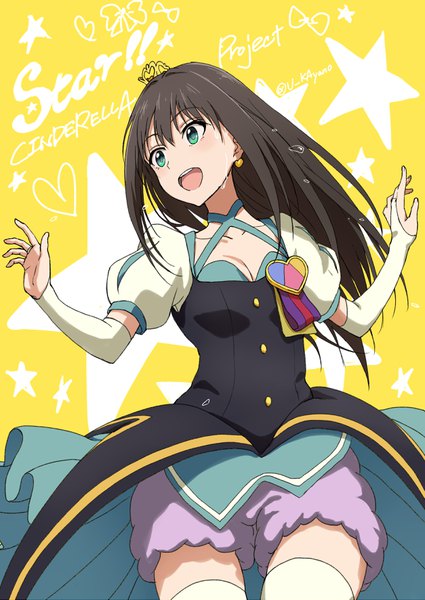 Anime picture 2507x3541 with idolmaster idolmaster cinderella girls shibuya rin ayano yuu (sonma 1426) single long hair tall image fringe highres open mouth black hair hair between eyes looking away cleavage aqua eyes sweat zettai ryouiki puffy sleeves yellow background girl