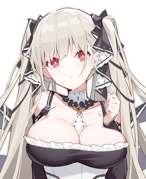 Anime picture 1000x1222 with azur lane formidable (azur lane) quan (kurisu tina) single long hair tall image looking at viewer breasts light erotic simple background red eyes large breasts white background twintails cleavage upper body white hair girl bow hair bow