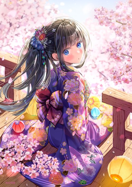 Anime picture 1240x1754 with original akasaka asa single long hair tall image looking at viewer blush fringe blue eyes black hair sitting payot outdoors ponytail blunt bangs traditional clothes japanese clothes looking back wind from behind