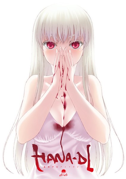 Anime picture 752x1063 with original hazuki (etcxetc) single long hair tall image looking at viewer blush breasts simple background red eyes large breasts white background bare shoulders white hair blood stains bleeding girl dress white dress blood