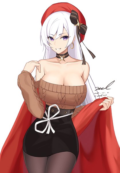 Anime-Bild 1000x1432 mit azur lane belfast (azur lane) belfast (shopping with the head maid) (azur lane) unel single long hair tall image looking at viewer fringe breasts light erotic simple background smile hair between eyes large breasts white background purple eyes bare shoulders signed cleavage
