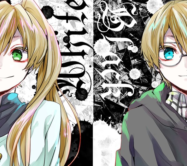 Anime picture 1154x1024 with kekkai sensen studio bones white (kekkai sensen) black (kekkai sensen) tomozero long hair looking at viewer fringe short hair blonde hair smile twintails green eyes aqua eyes character names multiview brother and sister girl boy glasses