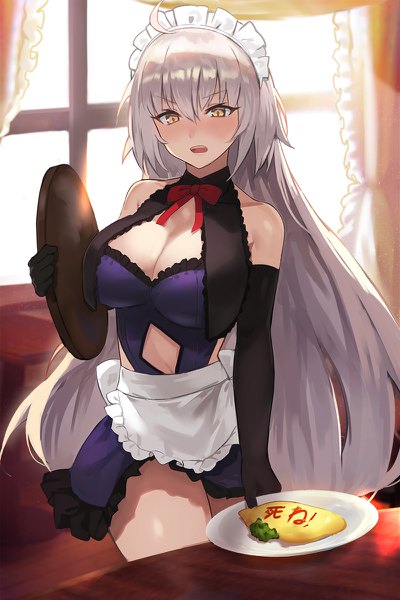 Anime picture 800x1200 with fate (series) fate/grand order jeanne d'arc (fate) (all) jeanne d'arc alter (fate) seon (seonon ) single long hair tall image looking at viewer blush fringe breasts open mouth light erotic hair between eyes large breasts standing bare shoulders holding yellow eyes