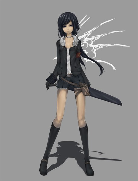 Anime picture 1285x1690 with original kyoeiki single long hair tall image blue eyes black hair simple background shadow girl gloves weapon sword shorts boots collar