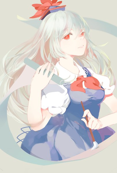 Anime picture 1181x1748 with touhou kamishirasawa keine aloin.g single long hair tall image looking at viewer simple background red eyes white hair light smile girl dress headdress paintbrush calligraphy brush