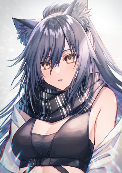 Anime picture 800x1131 with arknights schwarz (arknights) coyucom single long hair tall image looking at viewer fringe breasts simple background hair between eyes animal ears yellow eyes cleavage silver hair upper body parted lips cat ears off shoulder grey background