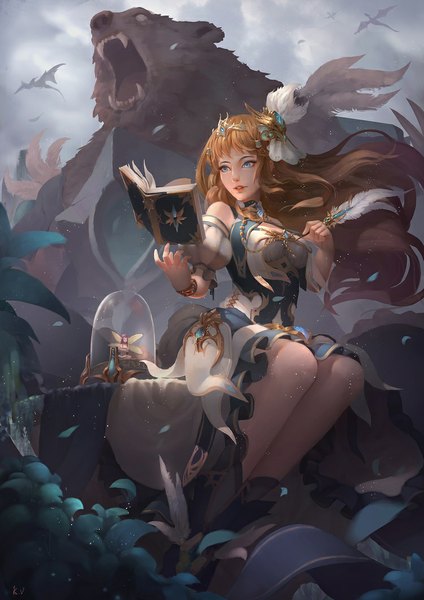 Anime-Bild 750x1061 mit original knd (kndneet) long hair tall image fringe open mouth blonde hair smile sitting bare shoulders holding looking away sky bent knee (knees) parted lips wind bare legs teeth short sleeves fang (fangs)