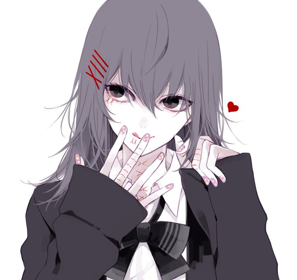 Anime picture 900x850 with tokyo ghoul studio pierrot suzuya juuzou kayutarou single long hair fringe simple background smile hair between eyes white background looking away upper body grey hair black eyes sleeves past wrists hand to mouth otoko no ko white skin crossdress