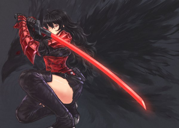 Anime picture 6895x4954 with rwby rooster teeth raven branwen drill5mm single long hair looking at viewer fringe highres black hair hair between eyes red eyes sitting holding absurdres ahoge bent knee (knees) pleated skirt arm up zettai ryouiki