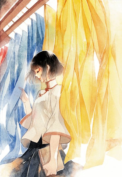 Anime picture 700x1017 with original rei (pixiv4656825) single tall image fringe short hair black hair eyes closed profile wind chinese clothes eyeshadow traditional media watercolor (medium) girl book (books) curtains