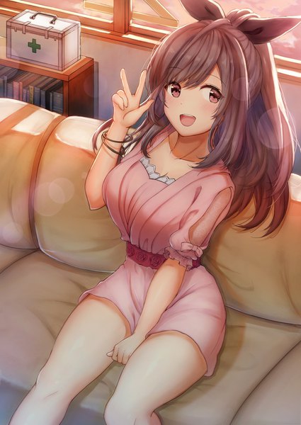 Anime picture 1254x1771 with idolmaster idolmaster shiny colors tsukioka kogane aiban single long hair tall image looking at viewer blush fringe breasts open mouth smile red eyes brown hair large breasts sitting holding payot ponytail