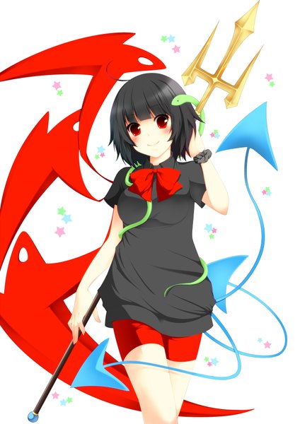 Anime picture 1413x2000 with touhou houjuu nue umxzo single tall image blush short hair black hair simple background smile red eyes white background girl dress wings snake