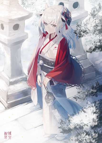 Anime picture 1339x1879 with original nagishiro mito single long hair tall image looking at viewer fringe standing holding animal ears payot full body outdoors white hair blunt bangs traditional clothes japanese clothes horn (horns) grey eyes snow