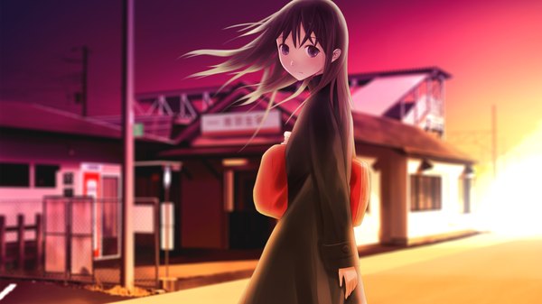 Anime picture 1920x1080 with original chikuwa (odennabe) single long hair highres black hair wide image purple eyes evening sunset girl coat