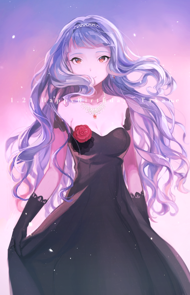 Anime picture 613x950 with idolmaster shijou takane mimizubare single long hair tall image fringe breasts smile standing bare shoulders cleavage orange eyes girl dress gloves black gloves black dress jewelry