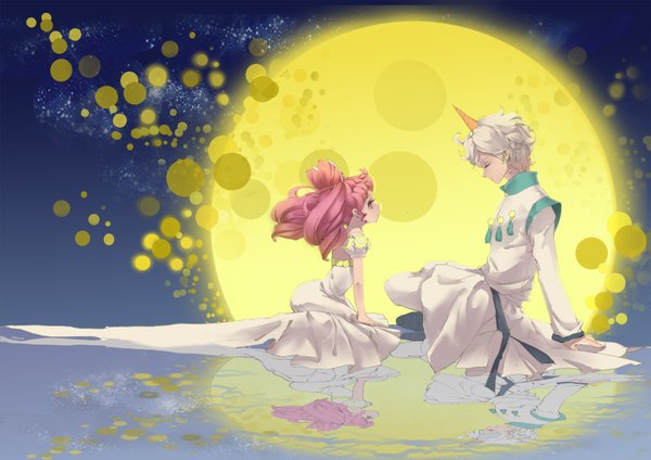 Anime picture 1507x1066 with bishoujo senshi sailor moon toei animation chibiusa princess usagi small lady helios fumiko (vici) long hair short hair sitting pink hair white hair eyes closed profile pink eyes horn (horns) light smile night hair bun (hair buns) night sky couple