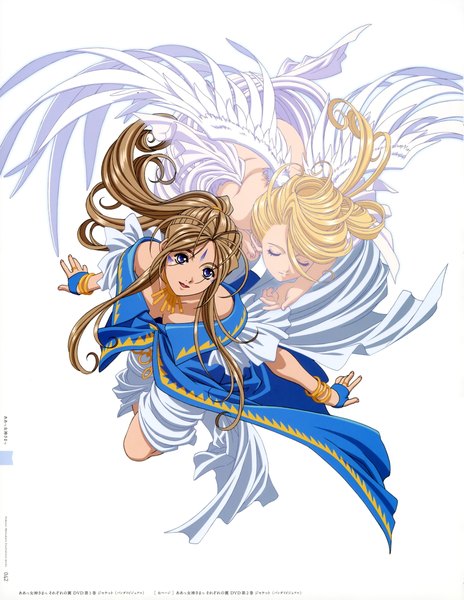 Anime picture 3249x4202 with aa megami-sama anime international company belldandy holy bell matsubara hidenori long hair tall image highres open mouth blue eyes blonde hair brown hair white background multiple girls absurdres ponytail scan facial mark girl dress