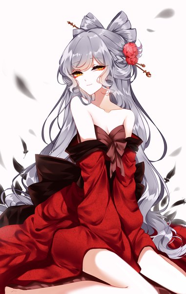 Anime picture 2130x3350 with touhou fujiwara no mokou sheya single long hair tall image looking at viewer highres light erotic simple background white background sitting bare shoulders yellow eyes cleavage hair flower light smile grey hair alternate costume turning head