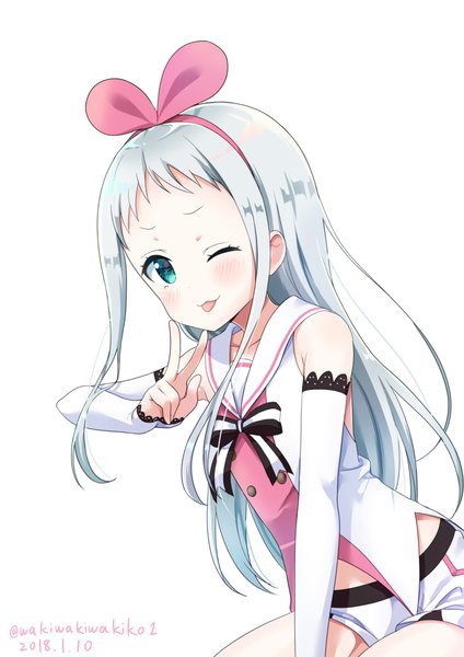 Anime picture 2895x4096 with blend s a-1 pictures a.i. channel kizuna ai kanzaki hideri neki (wakiko) single long hair tall image looking at viewer blush highres simple background white background sitting signed silver hair one eye closed aqua eyes wink