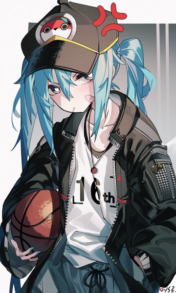 Anime picture 1500x2500 with vocaloid hatsune miku qys3 single long hair tall image looking at viewer fringe hair between eyes twintails upper body nail polish aqua hair open jacket grey eyes hand in pocket bandaid on face anger vein girl jacket