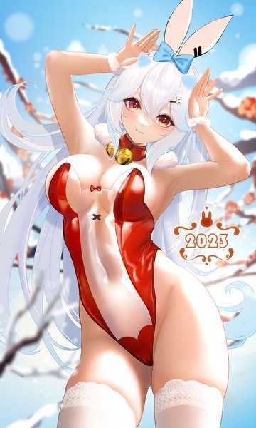 Anime picture 1200x2000 with original yile (liu liaoliao) liu liaoliao single long hair tall image looking at viewer fringe breasts light erotic hair between eyes red eyes large breasts animal ears cleavage silver hair bunny ears covered navel new year bell collar
