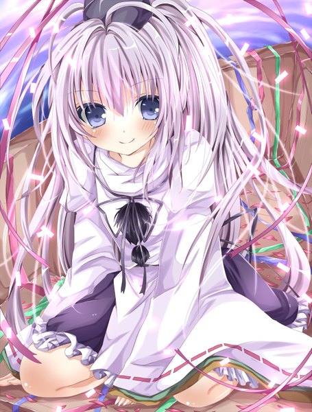 Anime picture 1212x1596 with touhou mononobe no futo nanase nao long hair tall image looking at viewer blush blue eyes smile purple hair light smile girl ribbon (ribbons) hat confetti