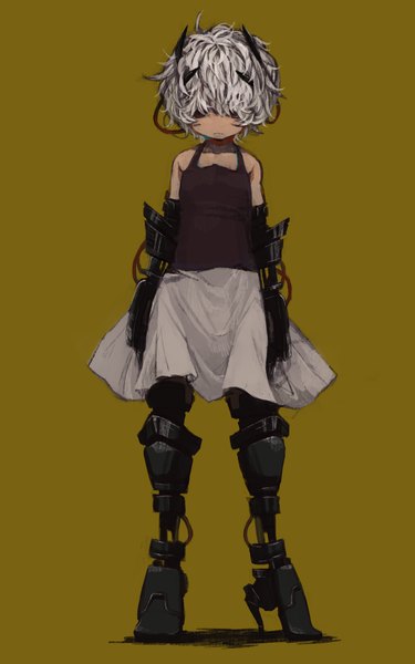 Anime picture 1000x1600 with .flow sabitsuki met-tha single tall image looking at viewer short hair brown eyes white hair sleeveless yellow background mechanical parts guro girl skirt