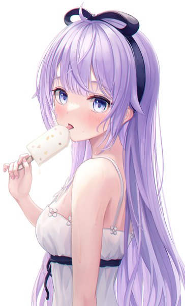 Anime picture 2501x4120 with azur lane unicorn (azur lane) funii single long hair tall image looking at viewer blush fringe highres breasts open mouth blue eyes simple background standing white background holding payot purple hair upper body