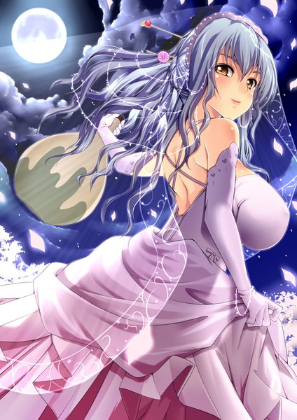 Anime picture 2893x4092 with koihime musou doga kobo amasora taichi single long hair tall image highres breasts light erotic large breasts brown eyes silver hair cloud (clouds) girl dress hair ornament moon