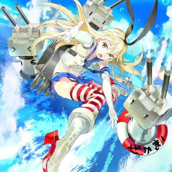 Anime picture 1200x1200 with kantai collection shimakaze destroyer rensouhou-chan 119 long hair open mouth light erotic blonde hair brown eyes sky cloud (clouds) flat chest girl thighhighs skirt gloves bow hair bow miniskirt elbow gloves